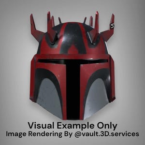 May include: A red and black helmet with horns, a black visor, and a white stripe on the front. The helmet has a black and red paint pattern. The text "Visual Example Only" is at the bottom of the image.