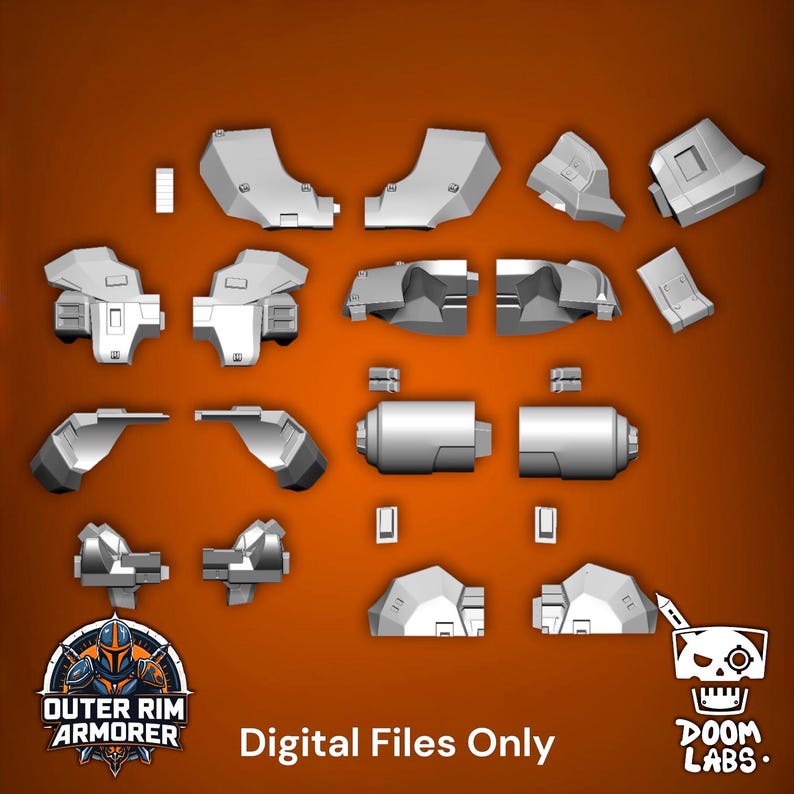 May include: A collection of light gray 3D printed armor components arranged in a grid. The set includes various geometric plates, cylindrical pieces, and small connectors. The text "Digital Files Only" is centered at the bottom with logos.