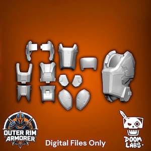 May include: A collection of light gray, three-dimensional armor components including a chest piece, shoulder guards, and various limb plates. The set features geometric, segmented designs with visible panel lines. Text at the bottom reads Digital Files Only.