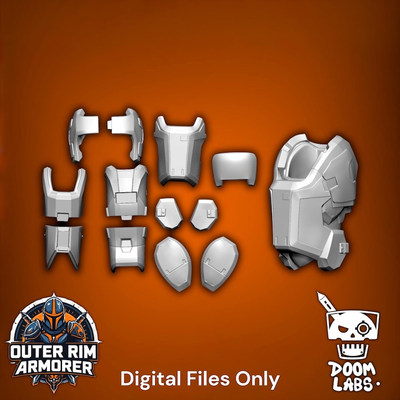 May include: A collection of light gray, three-dimensional armor components including a chest piece, shoulder guards, and various limb plates. The set features geometric, segmented designs with visible panel lines. Text at the bottom reads Digital Files Only.