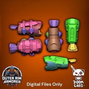 May include: A collection of 3D printed armor components in pink, brown, green, yellow, and purple. The set includes various gauntlet-style pieces with mechanical detailing. Text at the bottom reads: Outer Rim Armorer, Digital Files Only, Doom Labs.