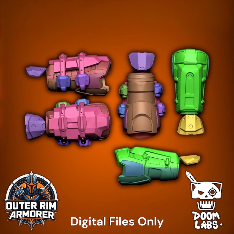 May include: A collection of 3D printed armor components in pink, brown, green, yellow, and purple. The set includes various gauntlet-style pieces with mechanical detailing. Text at the bottom reads: Outer Rim Armorer, Digital Files Only, Doom Labs.