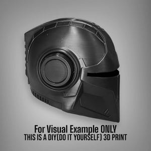 May include: A black 3D printed helmet with a futuristic design. The helmet has a large, round visor and a small, circular window on the side.  For Visual Example ONLY. THIS IS A DIY (DO IT YOURSELF) 3D PRINT.