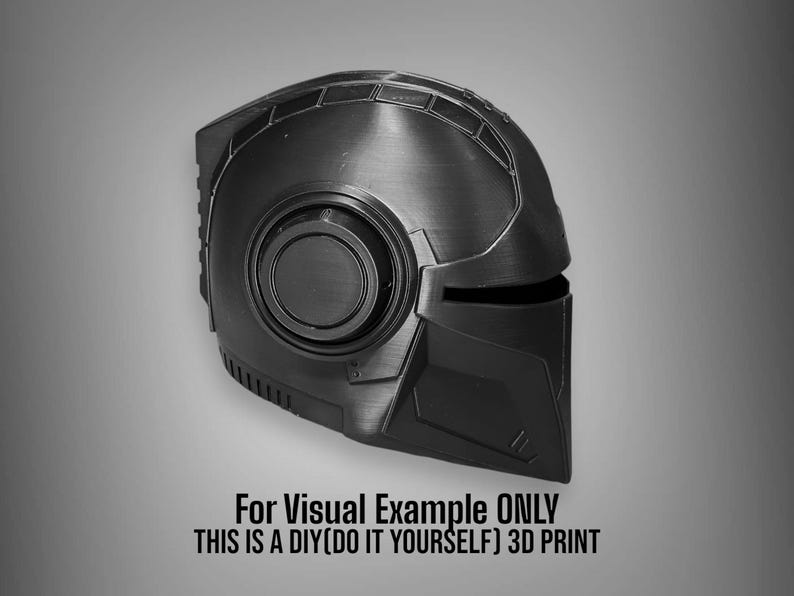 May include: A black 3D printed helmet with a futuristic design. The helmet has a large, round visor and a small, circular window on the side.  For Visual Example ONLY. THIS IS A DIY (DO IT YOURSELF) 3D PRINT.