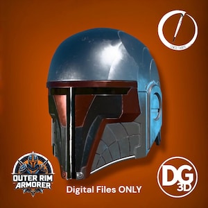 May include: A metallic gray and red Mandalorian helmet with a visor and cheek plates. The helmet has a glossy finish and is set against an orange background. Text on the image reads "Digital Files ONLY". Logos for "Outer Rim Armorer", "Lewis Thorpe", and "DG 3D" are also present.