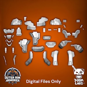 May include: A collection of white, 3D-modeled armor components arranged on an orange background. The set includes various geometric plates, joint pieces, and structural segments. Text at the bottom reads "Outer Rim Armorer", "Digital Files Only", and "Doom Labs".