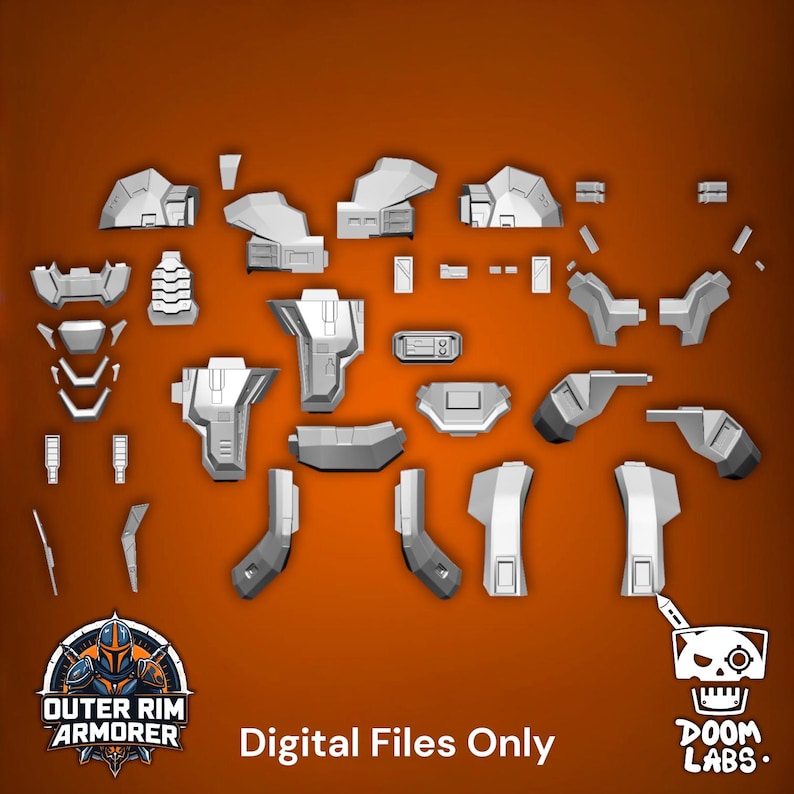 May include: A collection of white, 3D-modeled armor components arranged on an orange background. The set includes various geometric plates, joint pieces, and structural segments. Text at the bottom reads "Outer Rim Armorer", "Digital Files Only", and "Doom Labs".