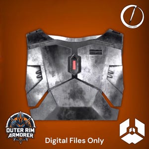 Puede incluir: Una placa de armadura de pecho gris desgastada, renderizada digitalmente, con un acento rojo central. El diseño presenta formas geométricas y una textura metálica desgastada. El texto "Digital Files Only" se muestra en la parte inferior. También hay logotipos de "Outer Rim Armorer" y otros elementos de diseño.