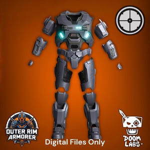 May include: A gray futuristic armor set with glowing blue accents, displayed against an orange background. The armor includes chest, arm, leg, and shoulder pieces. The text "Digital Files Only" is at the bottom. Logos for "Outer Rim Armorer" and "Doom Labs" are also present.