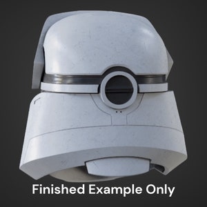 May include: White helmet with a black visor and a circular opening on the front. The helmet has a textured surface and a slightly rounded shape.
