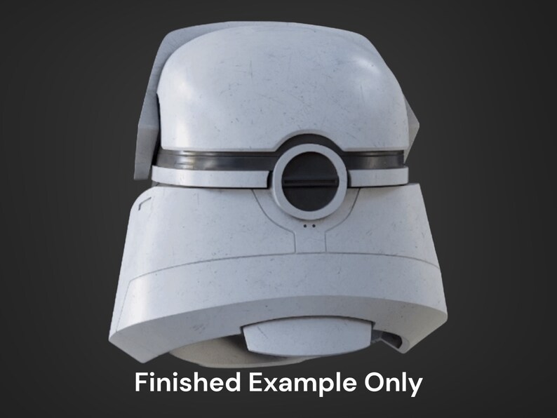 May include: White helmet with a black visor and a circular opening on the front. The helmet has a textured surface and a slightly rounded shape.