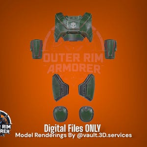 May include: A digital armour set in shades of green and grey, comprising a chest plate, shoulder pads, and leg armour. The chest plate has a skull emblem. The image includes the text "Outer Rim Armorer" and "Digital Files ONLY". Model renderings by @vault.3D.services.
