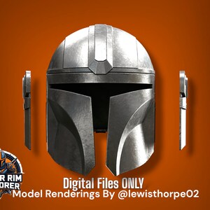 May include: A metallic silver helmet with a T-shaped visor and two separate side components. The text reads: "OUTER RIM ARMORER", "DIGITAL FILES ONLY", and "Model Renderings By @lewisthorpe02". The design features a smooth, reflective surface.