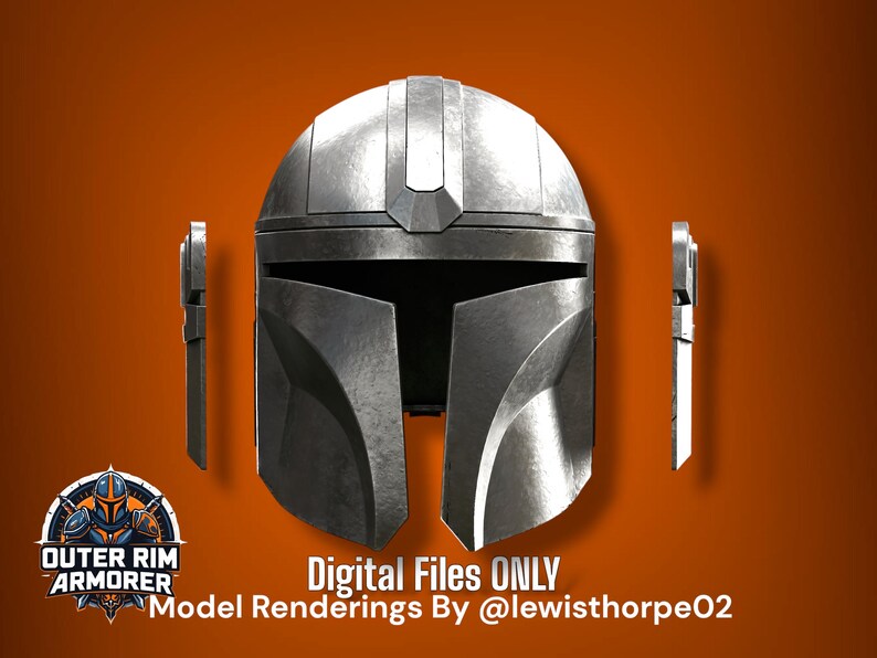 May include: A metallic silver helmet with a T-shaped visor and two separate side components. The text reads: "OUTER RIM ARMORER", "DIGITAL FILES ONLY", and "Model Renderings By @lewisthorpe02". The design features a smooth, reflective surface.