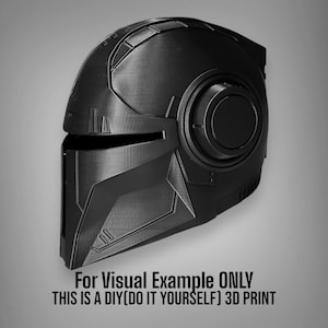 May include: A black 3D printed helmet with a futuristic design. The helmet has a visor and a large circular detail on the side.  For Visual Example ONLY. THIS IS A DIY (DO IT YOURSELF) 3D PRINT