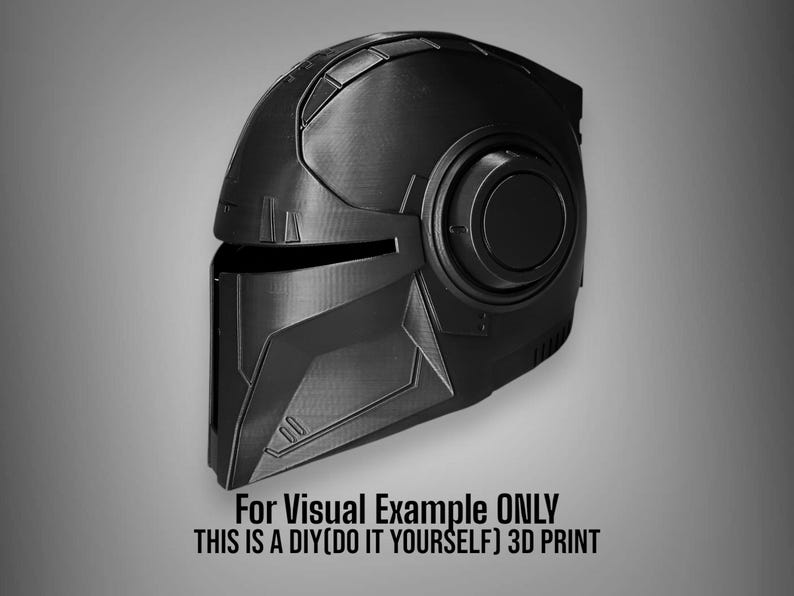 May include: A black 3D printed helmet with a futuristic design. The helmet has a visor and a large circular detail on the side.  For Visual Example ONLY. THIS IS A DIY (DO IT YOURSELF) 3D PRINT