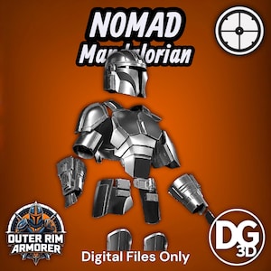 May include: A silver-colored Mandalorian armor set including a helmet, chest plate, shoulder pauldrons, gauntlets, and leg pieces. The text NOMAD Mandalorian and Digital Files Only are visible. Logos for Outer Rim Armorer and DG 3D are present.