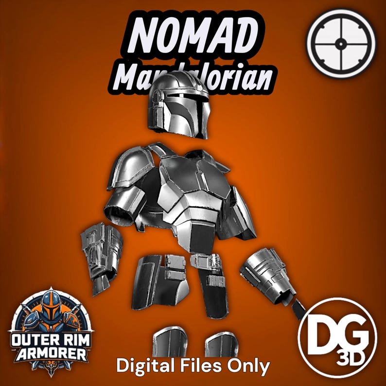 May include: A silver-colored Mandalorian armor set including a helmet, chest plate, shoulder pauldrons, gauntlets, and leg pieces. The text NOMAD Mandalorian and Digital Files Only are visible. Logos for Outer Rim Armorer and DG 3D are present.
