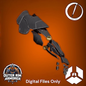 Può includere: Armatura per braccio nera e segmentata con giunti color oro, su sfondo arancione. Il testo "Digital Files Only" è visualizzato in basso. Il logo Outer Rim Armorer è in basso a sinistra e il logo Lewisthorpe in alto a destra.
