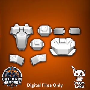 May include: A collection of light gray, hard-surface armor components arranged on an orange background. The set includes a chest plate, shoulder pieces, and various geometric plating segments. Text at the bottom reads: Outer Rim Armorer, Digital Files Only, Doom Labs.