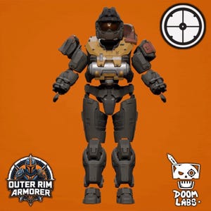 May include: A full-body suit of tactical armor featuring a dark grey helmet with a gold visor, a tan chest plate with a silver cylindrical component, and dark grey limb plating. Logos for Outer Rim Armorer and Doom Labs are visible.