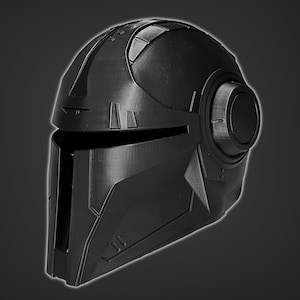 May include: A black helmet with a futuristic design. The helmet has a visor and a round, black earpiece on the right side.