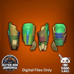 May include: A set of four digital 3D model components for armor gauntlets, featuring green, tan, and blue sections. The pieces are displayed from various angles, including front and side views. Text at the bottom reads: Outer Rim Armorer, Digital Files Only, Doom Labs.