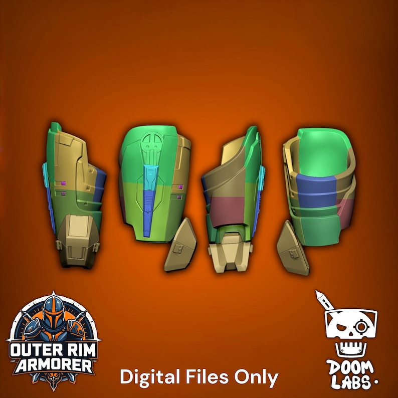 May include: A set of four digital 3D model components for armor gauntlets, featuring green, tan, and blue sections. The pieces are displayed from various angles, including front and side views. Text at the bottom reads: Outer Rim Armorer, Digital Files Only, Doom Labs.