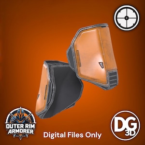 以下が含まれることがあります： メタリックトリム付きのオレンジと黒のアームガードが2つ。テキスト「Digital Files Only」が下に表示されています。「Outer Rim Armorer」のロゴが左下にあります。
