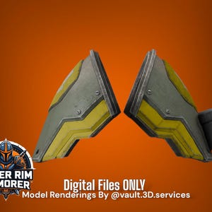 Puede incluir: Dos piezas angulares de armadura, de aspecto metálico, con detalles en amarillo y gris. La armadura tiene un aspecto desgastado, con remaches visibles y un componente cilíndrico gris oscuro adjunto a una pieza. El texto "Digital Files ONLY" es visible.