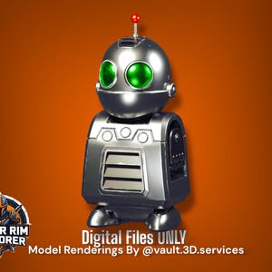 May include: A metallic silver robot with green eyes and a red antenna. The robot has a rounded head and a rectangular body. The image includes the text "Digital Files ONLY" and "Model Renderings By @vault.3D.services".