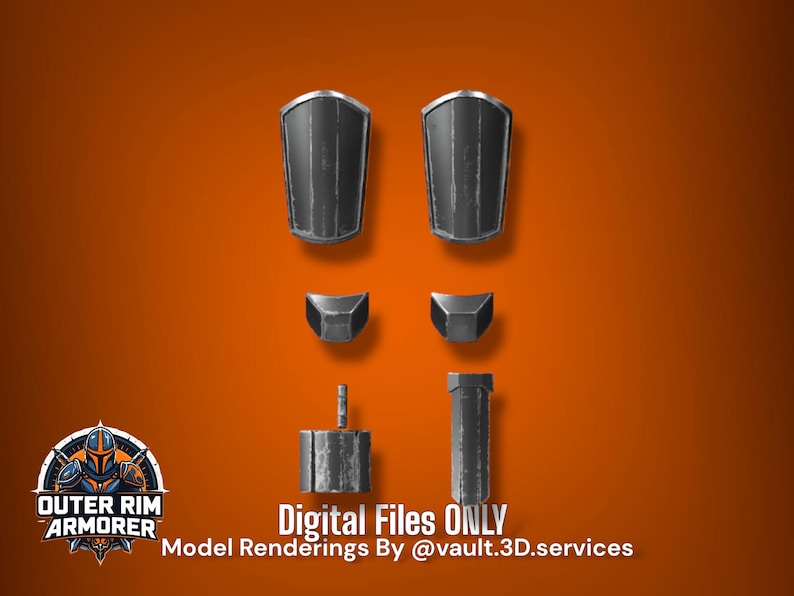 May include: A set of dark gray metallic armor components including two forearm guards, two small angular pieces, and two cylindrical parts. The text "DIGITAL FILES ONLY" and "Model Renderings By @vault.3D.services" is visible at the bottom.