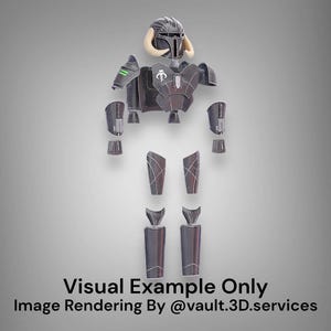 May include: A disassembled, dark gray Mandalorian armor set. The set includes a helmet with tusks, chest armor, shoulder pads, arm guards, and leg armor. The armor has a weathered appearance with intricate detailing. The image also includes the text "Visual Example Only" and "Image Rendering By @vault.3D.services".
