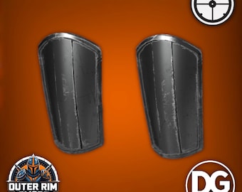 May include: Two black arm guards with a metallic finish, likely for cosplay or costume use. The image includes logos for "Outer Rim Armorer" and "DG 3D", along with the text "Digital Files Only". The background is a gradient of orange and brown.