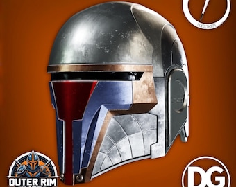 May include: A metallic silver and gray helmet with red and blue accents. The helmet has a visor and a detailed design, with the text "Digital Files Only" at the bottom. Logos for "Outer Rim Armorer", "Lewis Thorpe", and "DG 3D" are also visible.
