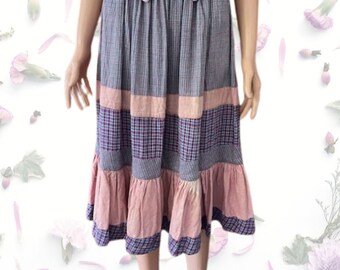 Vintage Boho Hippy Gathered Skirt with Purple and Pink Layers and Ruffle in Good Condition Fashion from the 80's Size 12 Handwoven Cotton