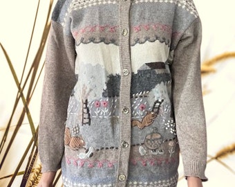 Vintage Cottage Core Cardigan with Appliqué Squirrels and Flowers Yesteryear Clothing Country Style Light and Warm Lambswool and Angora