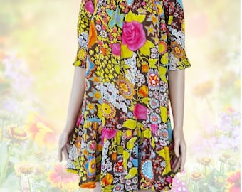 Vintage Floral Cotton Short Dress, Ruffle Hem, Size Small