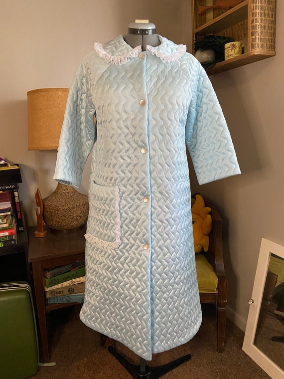Baby Blue Polyester Quilted Housecoat with Lace Tr