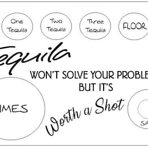 以下が含まれることがあります： テキーラショットゲームの白黒イラスト。ゲームには、テキーラを1、2、または3ショット飲むこと、そしてライムを1ショット飲むことが指示されています。ゲームには、塩の縁と床のオプションも含まれています。テキストには、「テキーラはあなたの問題を解決しませんが、試す価値はあります。」と書いてあります。
