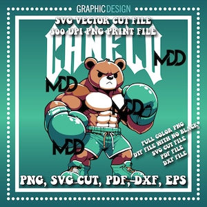 Canelo Bear 300 Dpi PNG, SVG cut file, DTF file with no black, Pdf and Dxf | Canelo Fight Bear