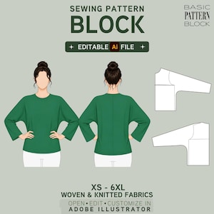 Op de afbeelding: Een digitaal naaipatroon voor een top met lange mouwen in de maten XS tot 6XL. De afbeelding toont voor- en achteraanzichten van een groene top op een figuur, naast witte technische lijntekeningen van de patroondelen. Tekst: SEWING PATTERN BLOCK, EDITABLE Ai FILE, WOVEN & KNITTED FABRICS.