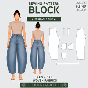 May include: A sewing pattern block graphic with the word "BLOCK" in large green letters. The image includes a front and back view of a person wearing light blue denim balloon pants and a tan t-shirt. The text "XXS - 6XL WOVEN FABRICS" is also present.