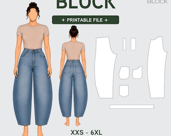 PDF | Barrel Leg Pants Sewing Pattern Block | High Waist | Front & Back Pockets | XXS-6XL