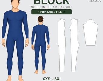 PDF | Men's Catsuit Sewing Pattern Block | Seamless Front Bodysuit | Unitard | XXS-6XL