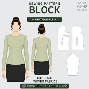 Op de afbeelding: Een grafiek van een naaipatroon met de tekst "BLOCK" en "PRINTABLE FILE". De afbeelding toont voor- en achteraanzichten van een kledingstuk, samen met patroondelen. Maten variëren van XXS tot 6XL voor geweven stoffen.
