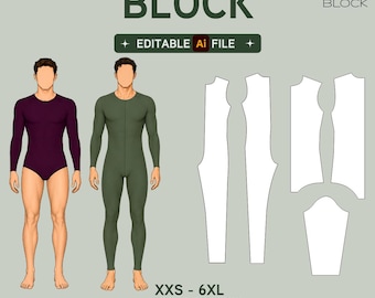 EDITABLE PDF | Men's Bodysuit Sewing Pattern Block Bundle | Knit Leotard & Bodysuit | XXS-6XL
