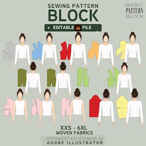 May include: A digital sewing pattern block file for Adobe Illustrator featuring various garment templates in multiple colors. The text reads SEWING PATTERN BLOCK, EDITABLE Ai FILE, BASIC PATTERN BLOCK, and XXS - 6XL WOVEN FABRICS.