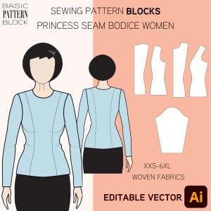 Patrón de torso con costura princesa • Top de manga larga • Tallas XS-6XL • Patrón PDF