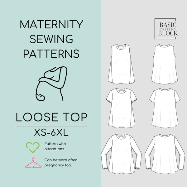 Maternity Pregnancy Sweatshirt Sewing Pattern | Loose Pullover Top | Relaxed fit Blouse | Longsleeve,Short Sleeve,Sleeveless | Sizes XS-6XL